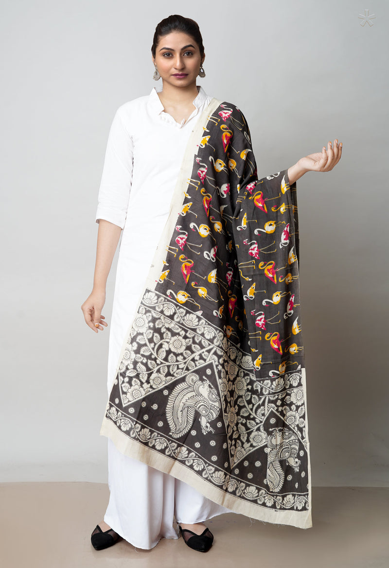 Black Pure Kalamkari Printed Cotton Dupatta–UDS4624