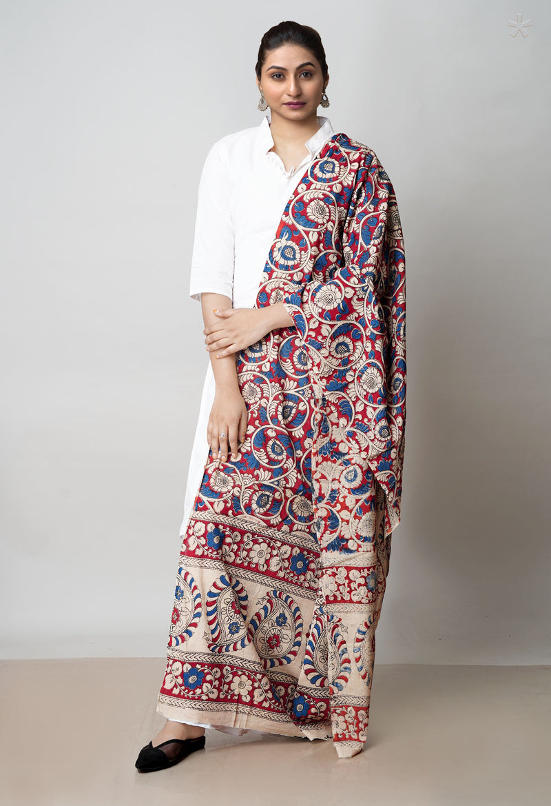 Red Pure Kalamkari Printed Cotton Dupatta–UDS4625