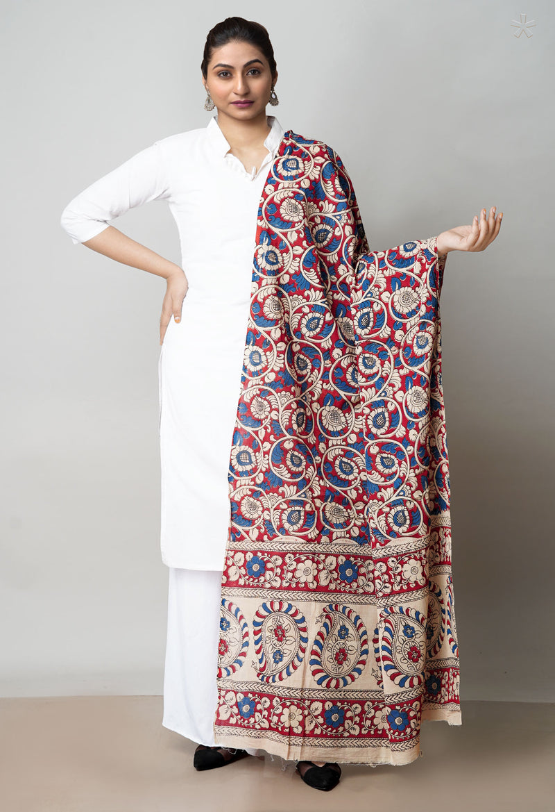 Red Pure Kalamkari Printed Cotton Dupatta–UDS4625