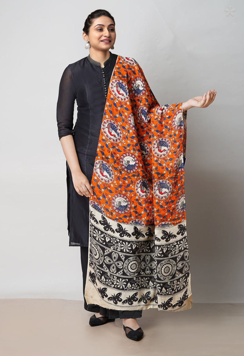 Orange Pure Kalamkari Printed Cotton Dupatta–UDS4628