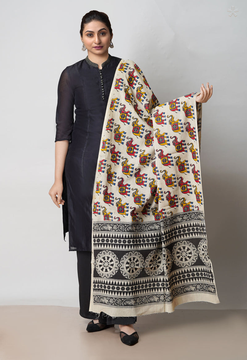 Cream Pure Kalamkari Printed Cotton Dupatta–UDS4630