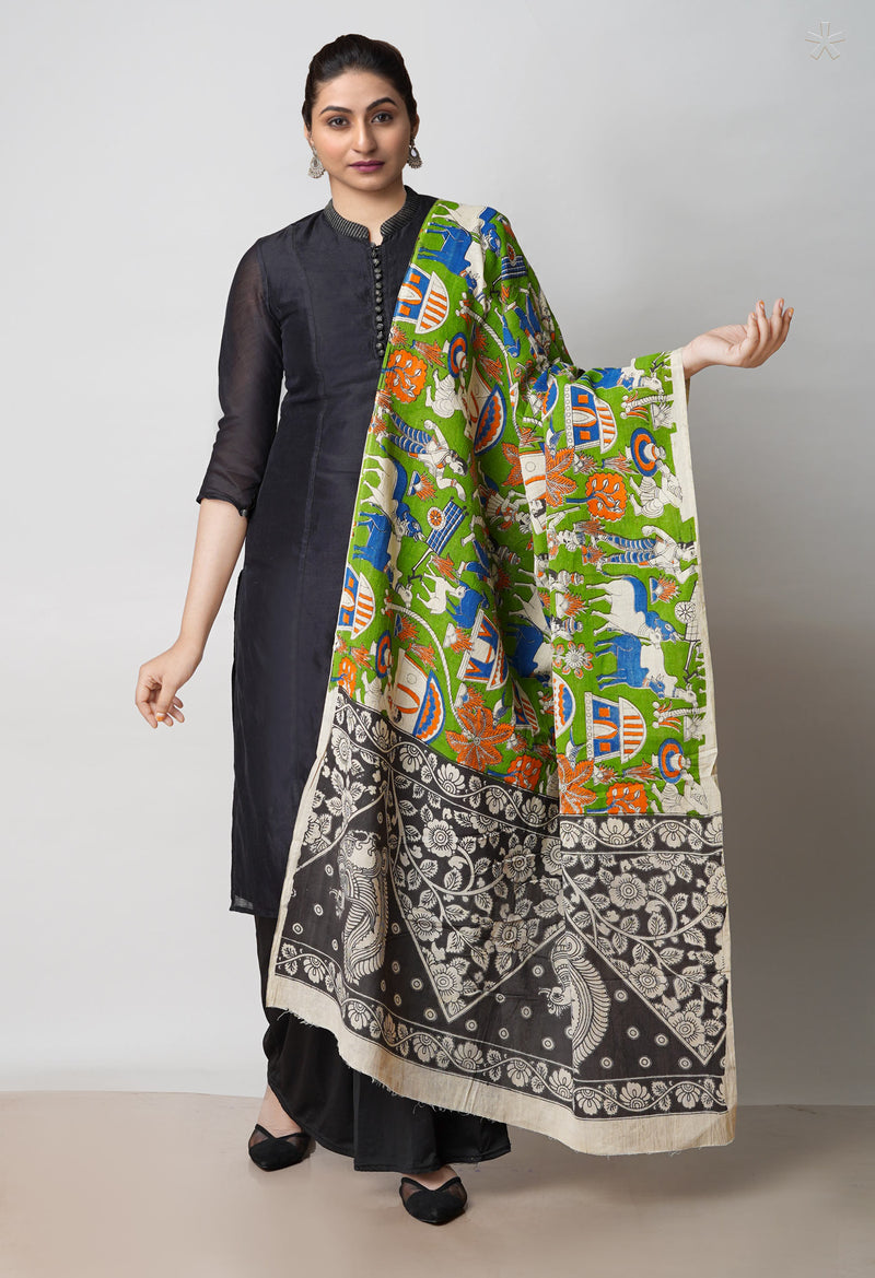 Green Pure Kalamkari Printed Cotton Dupatta–UDS4632