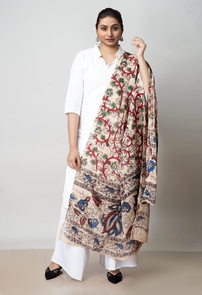 Cream Pure Kalamkari Printed Cotton Dupatta–UDS4636