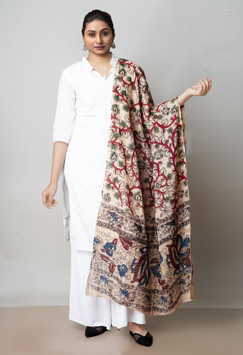 Cream Pure Kalamkari Printed Cotton Dupatta–UDS4636