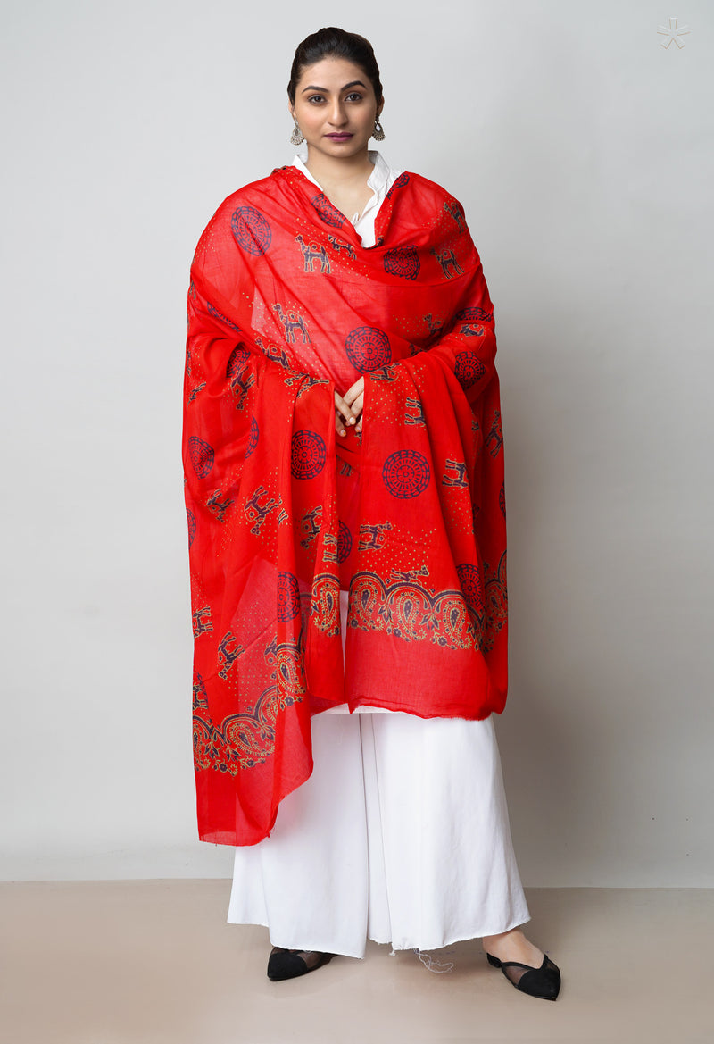 Red Pure Ajrakh Printed Soft Cotton Dupatta–UDS4649