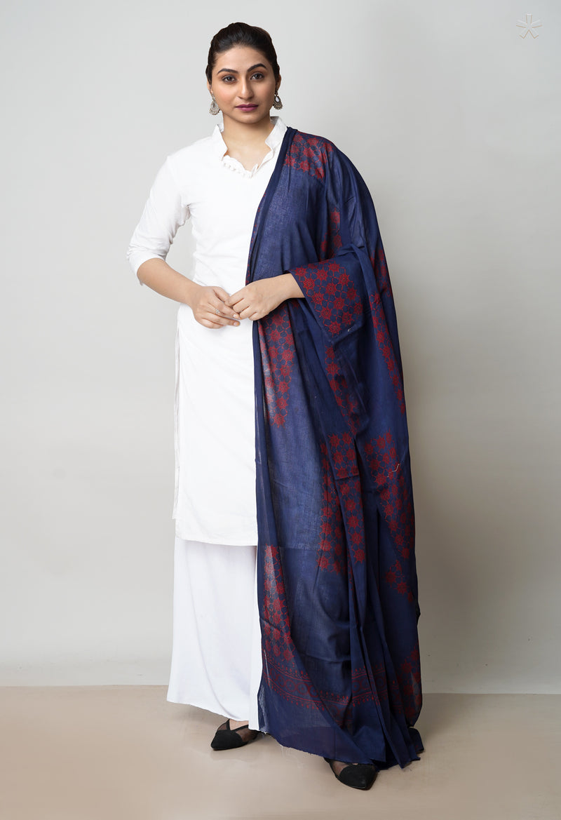 Blue Pure Ajrakh Printed Soft Cotton Dupatta–UDS4658