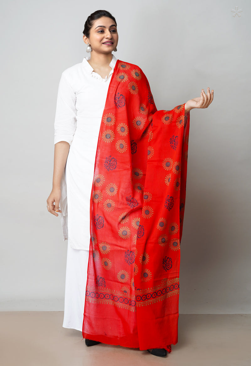 Red Pure Ajrakh Printed Soft Cotton Dupatta–UDS4661