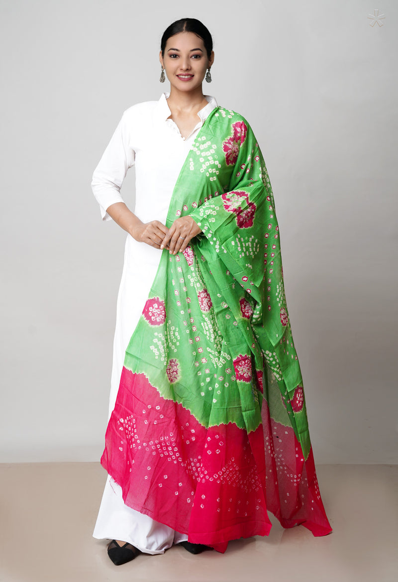 Green Pure Bandhani Printed Cotton Dupatta–UDS4673