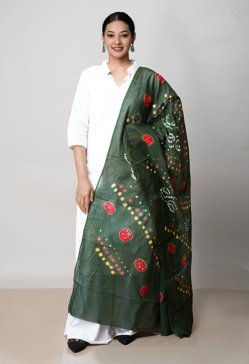 Olive Green Pure Bandhani Printed Cotton Dupatta–UDS4677