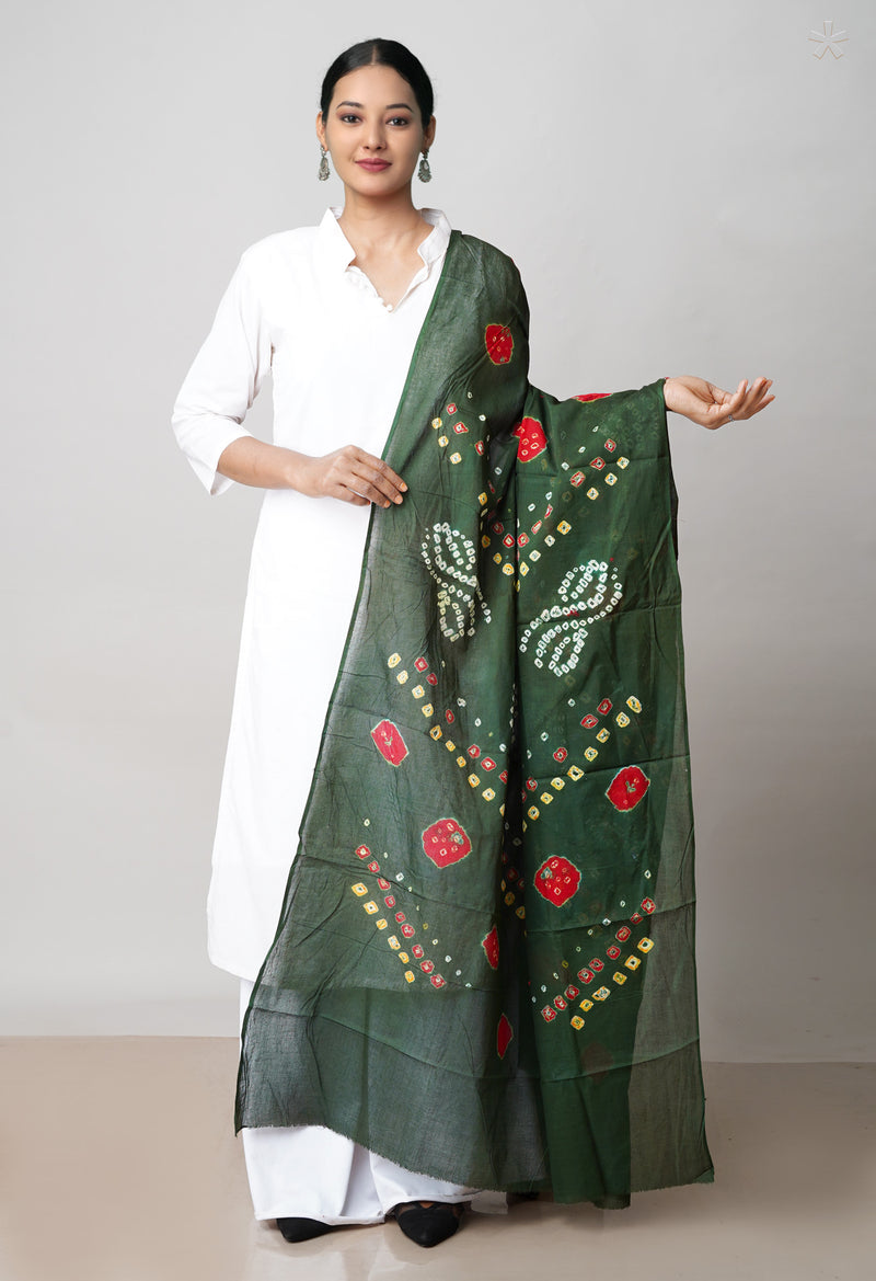 Olive Green Pure Bandhani Printed Cotton Dupatta–UDS4677