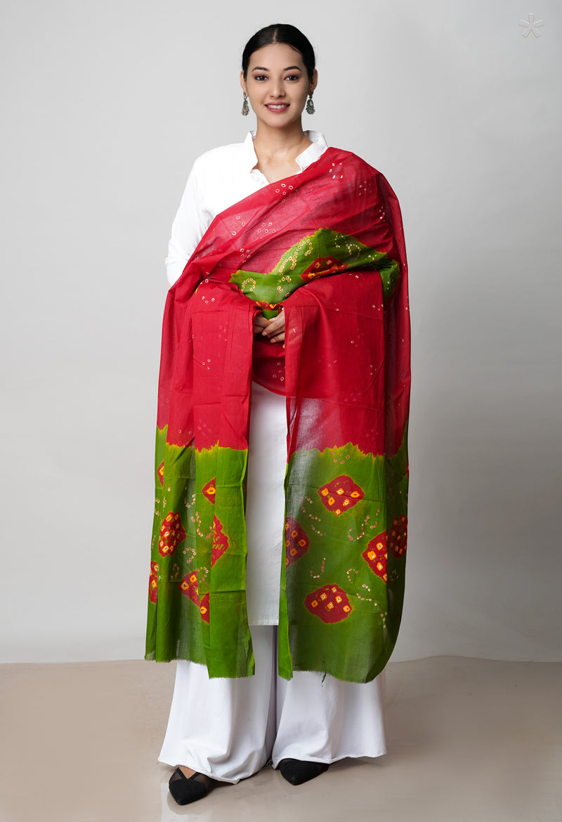 Maroon-Green Pure Bandhani Printed Cotton Dupatta–UDS4678
