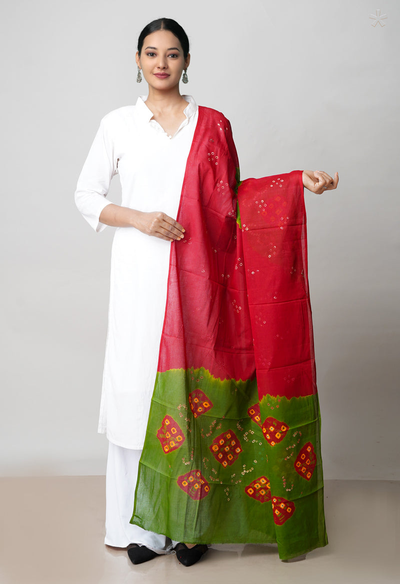 Maroon-Green Pure Bandhani Printed Cotton Dupatta–UDS4678