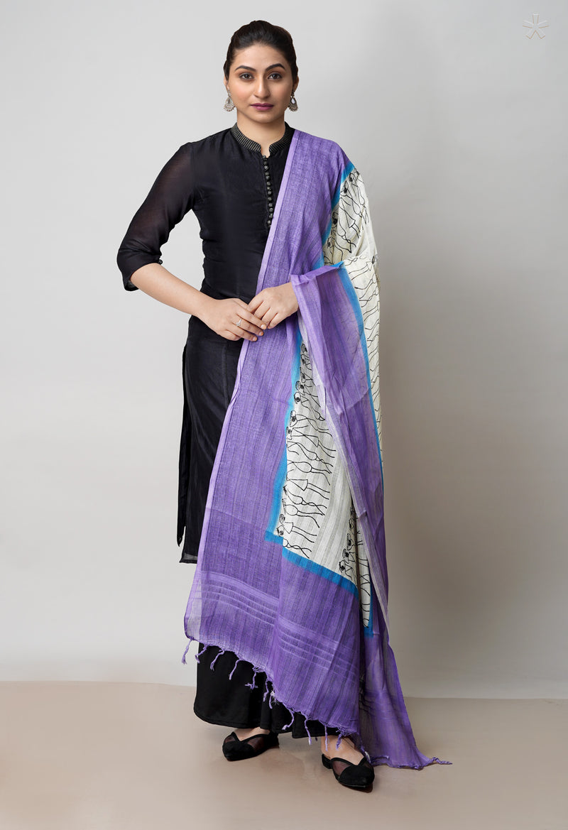 Cream Pure South Hand Block printed Cotton Dupatta–UDS4758