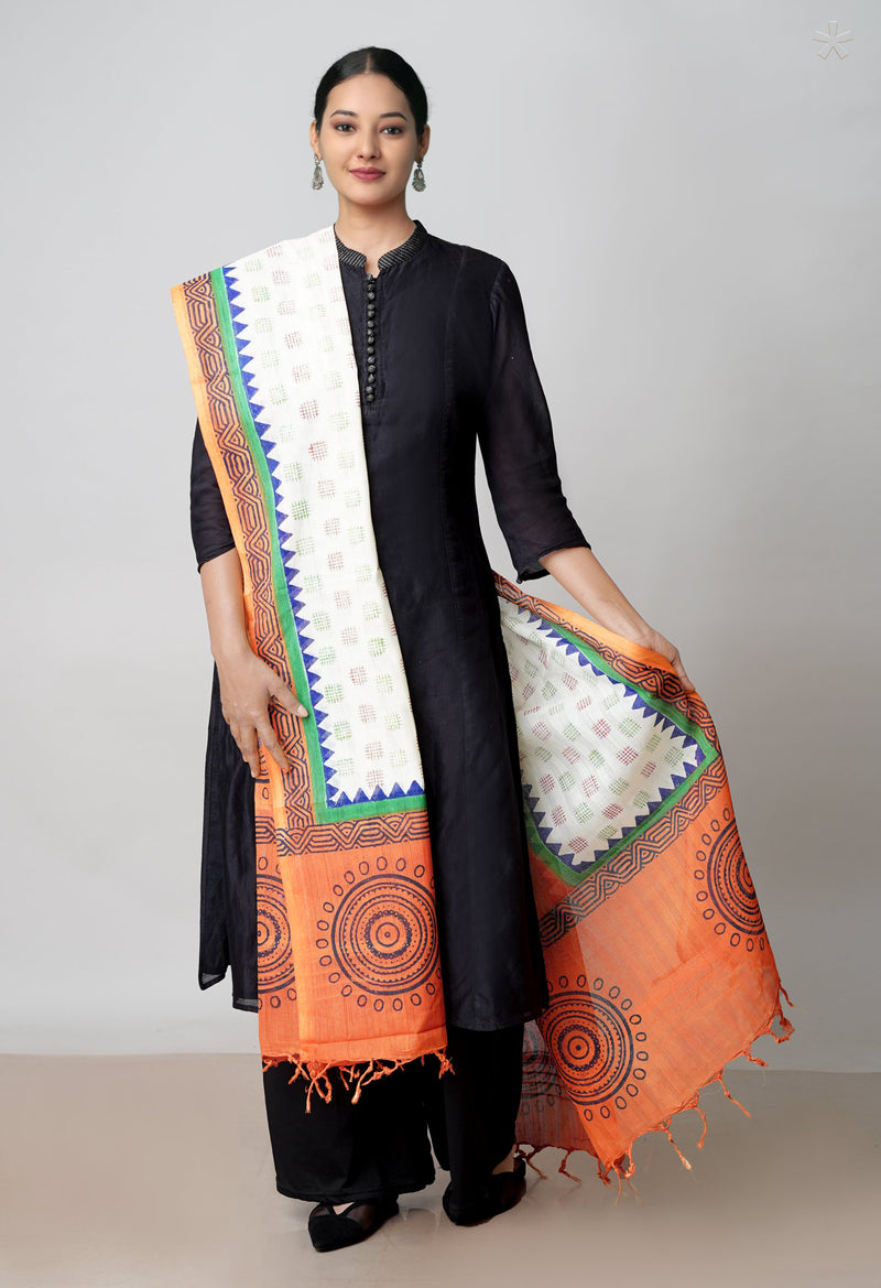 Orange Pure South Hand Block printed Cotton Dupatta–UDS4759