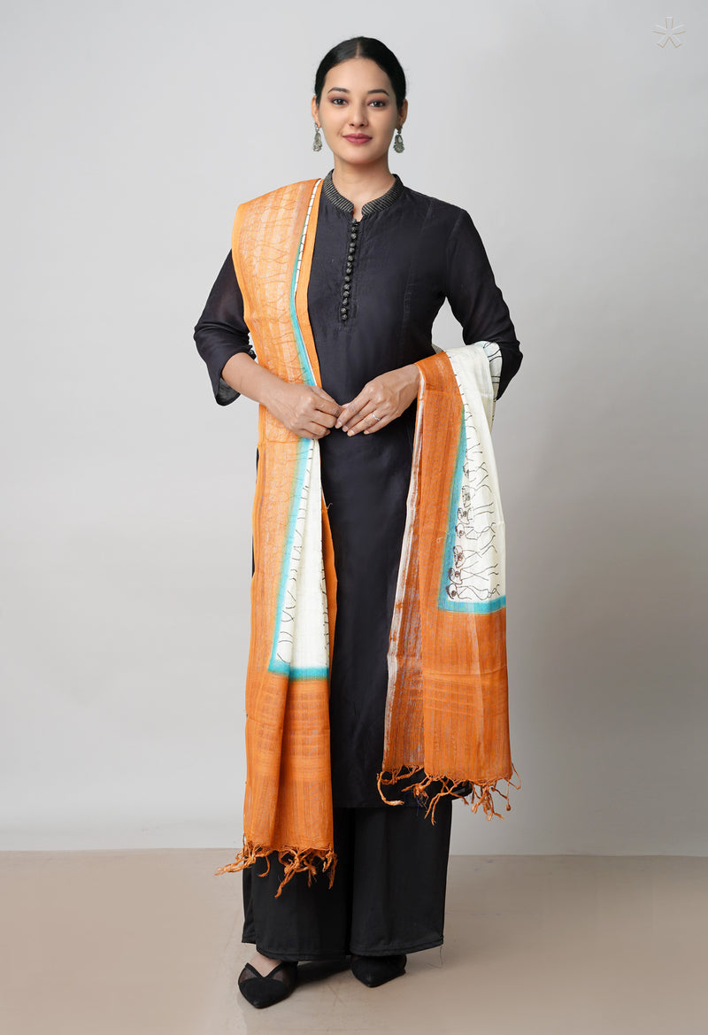 Cream Pure South Hand Block printed Cotton Dupatta–UDS4761