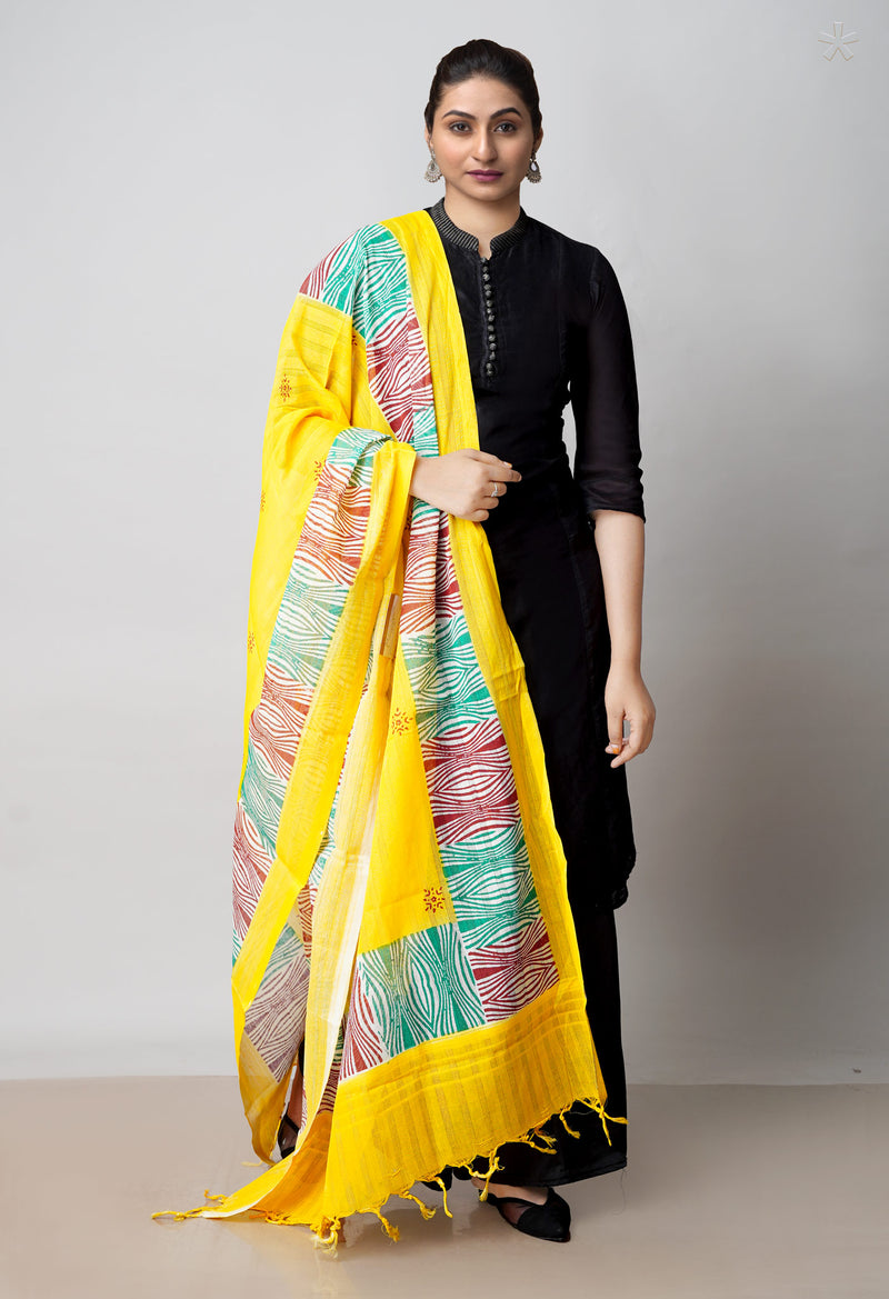 Yellow Pure South Hand Block printed Cotton Dupatta–UDS4764