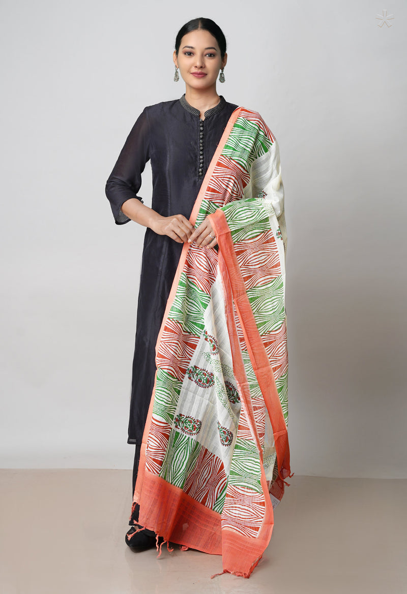Cream Pure South Hand Block printed Cotton Dupatta–UDS4766