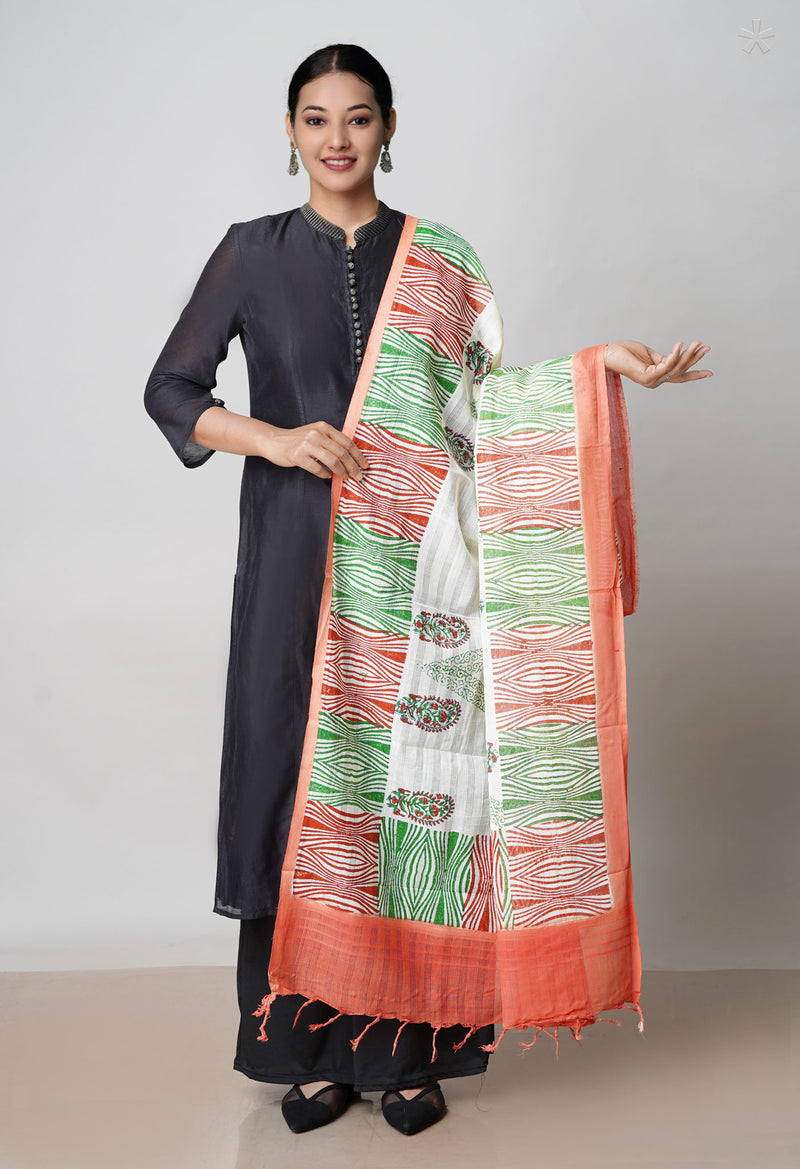 Cream Pure South Hand Block printed Cotton Dupatta–UDS4766