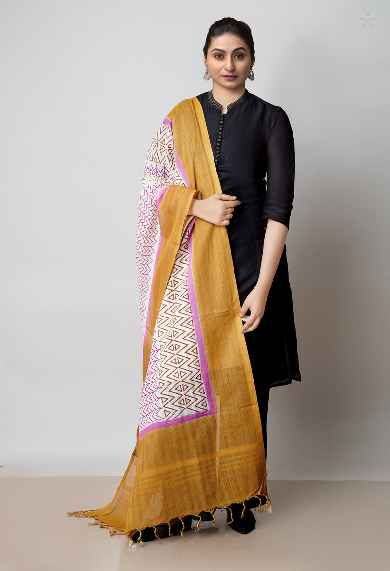 Cream Pure South Hand Block printed Cotton Dupatta–UDS4767
