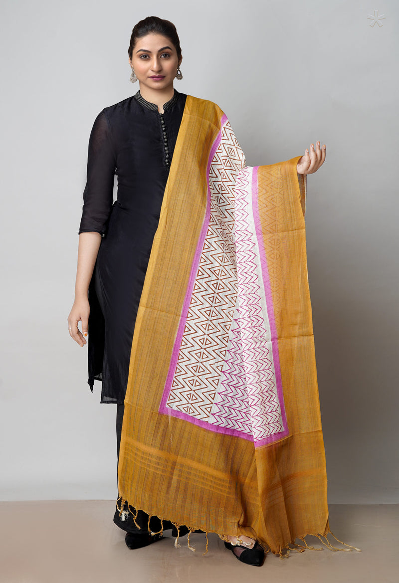 Cream Pure South Hand Block printed Cotton Dupatta–UDS4767