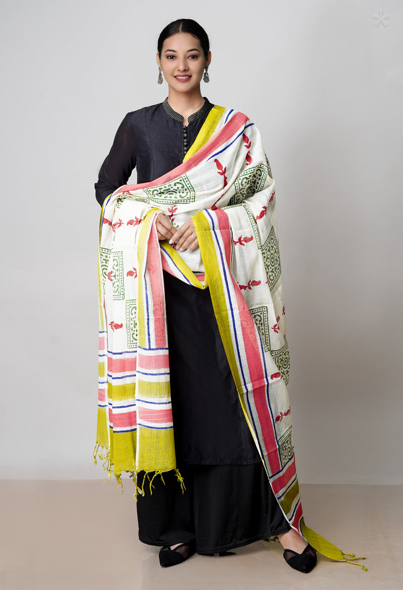Cream Pure South Hand Block printed Cotton Dupatta–UDS4768
