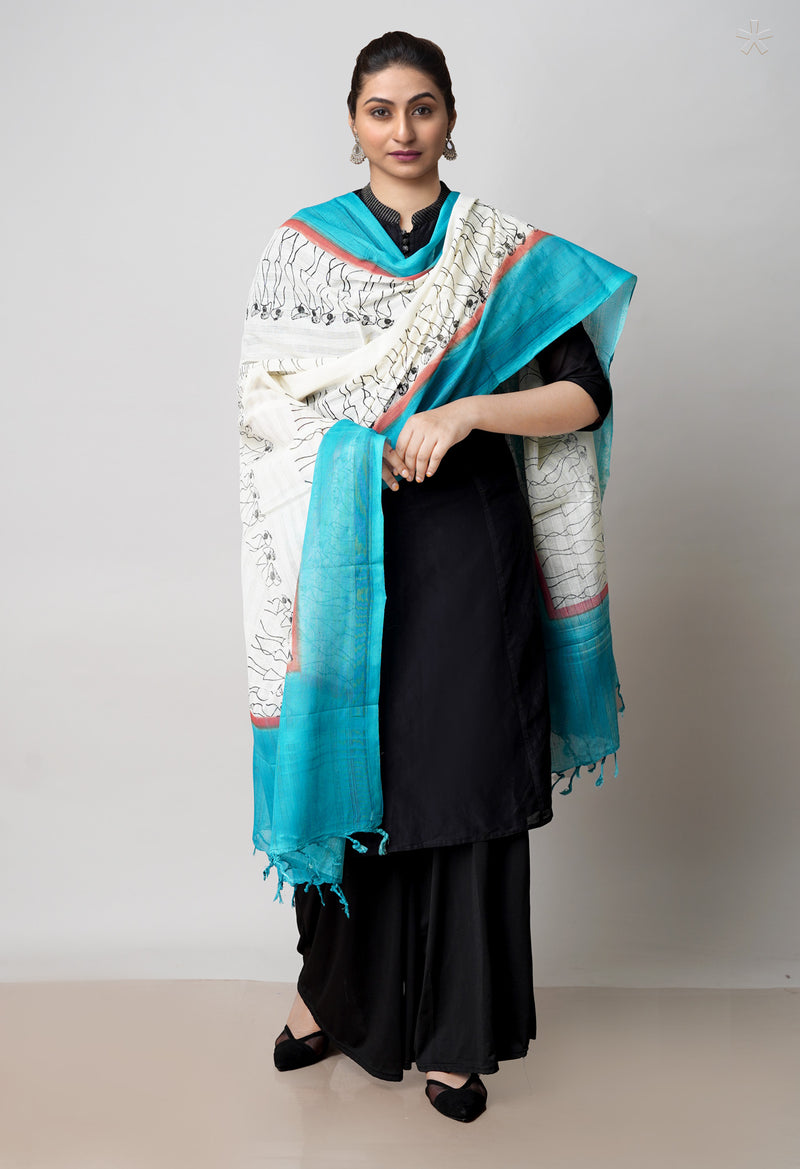Cream Pure South Hand Block printed Cotton Dupatta–UDS4771