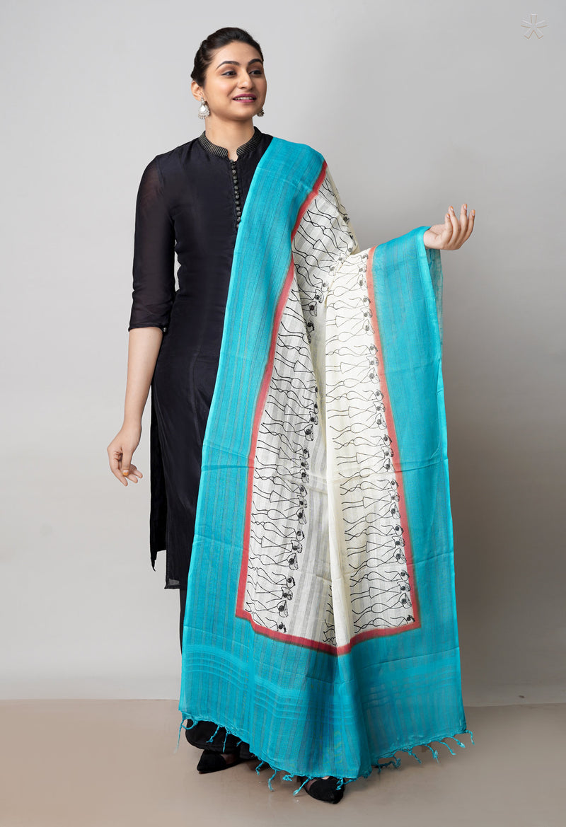 Cream Pure South Hand Block printed Cotton Dupatta–UDS4771