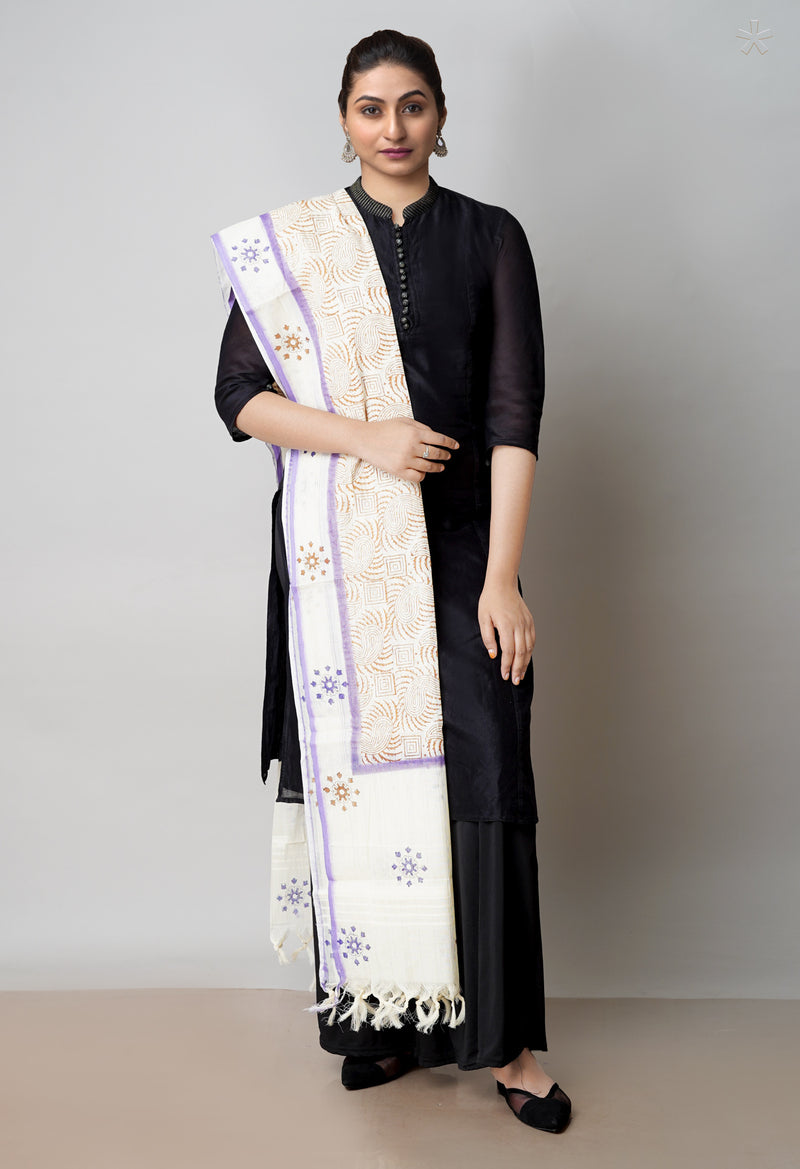 Cream Pure South Hand Block printed Cotton Dupatta–UDS4773