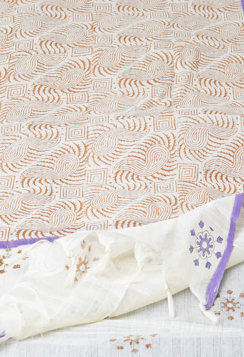 Cream Pure South Hand Block printed Cotton Dupatta–UDS4773