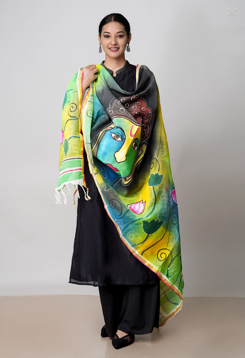 Green Pure South Hand Block printed Cotton Dupatta–UDS4777