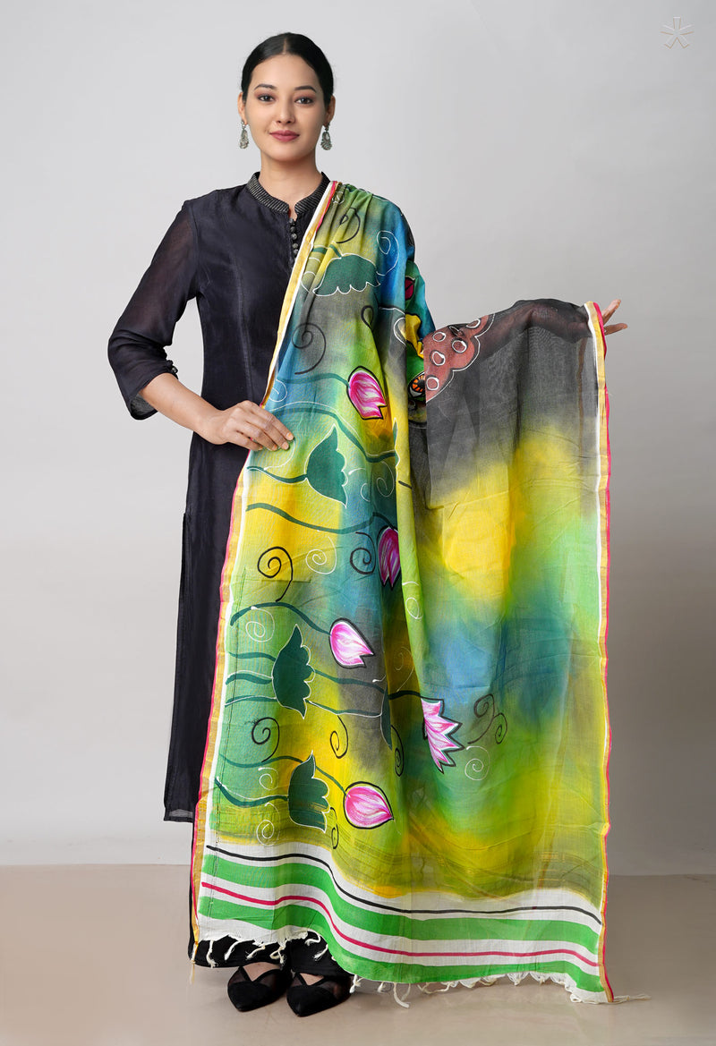 Green Pure South Hand Block printed Cotton Dupatta–UDS4777