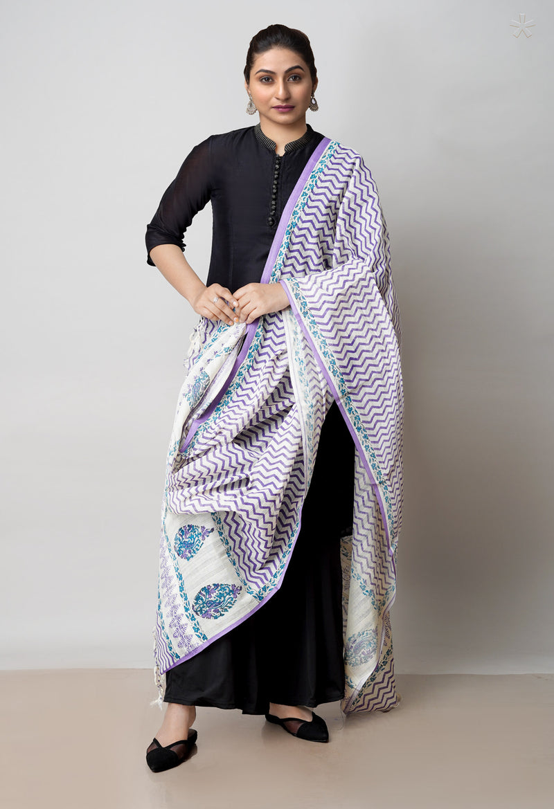Lavender Pure South Hand Block printed Cotton Dupatta–UDS4778
