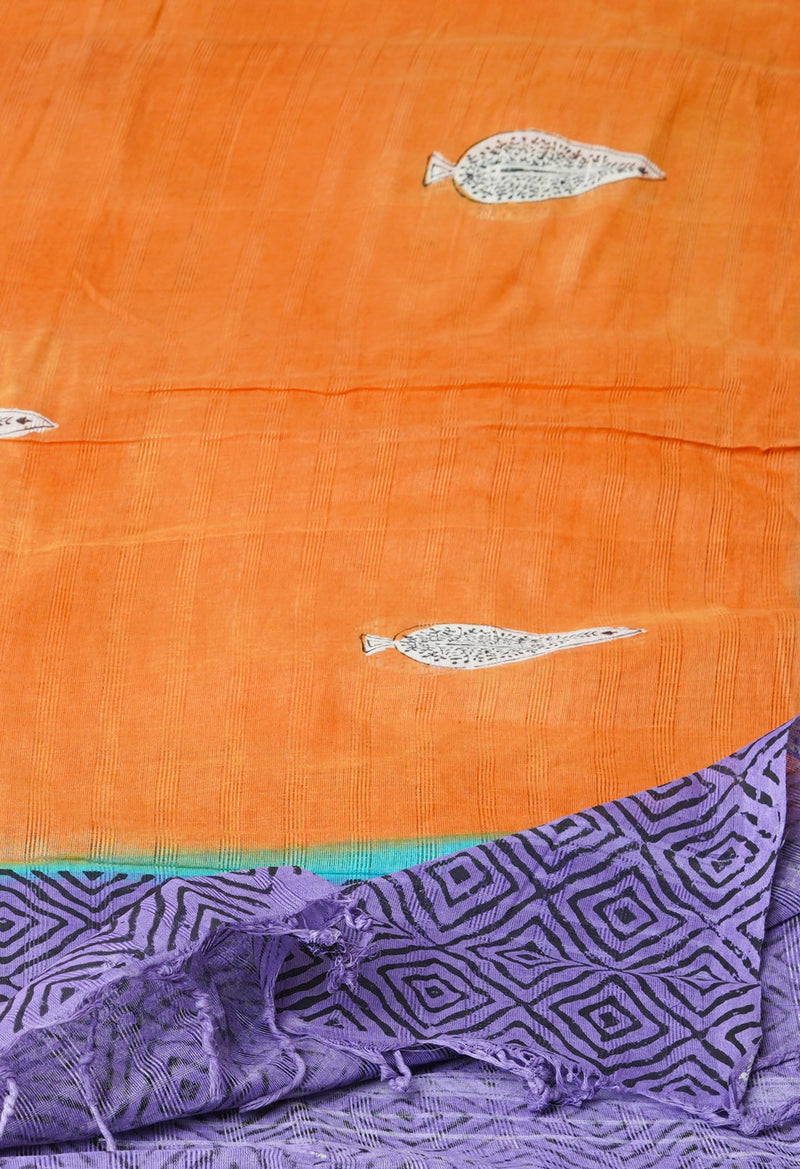 Orange Pure South Hand Block printed Cotton Dupatta–UDS4779