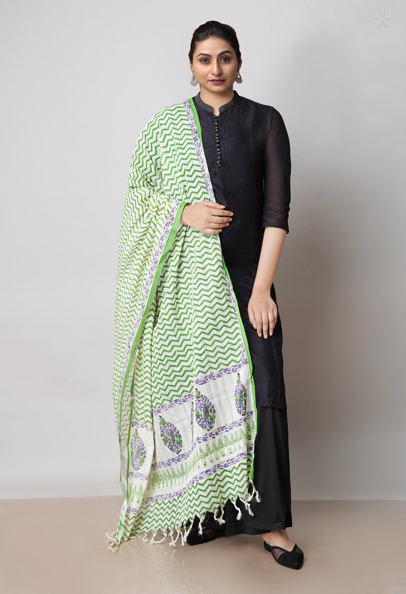 Green Pure South Hand Block printed Cotton Dupatta–UDS4780
