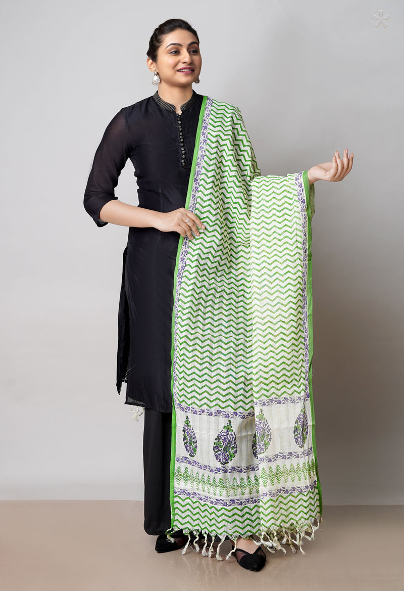 Green Pure South Hand Block printed Cotton Dupatta–UDS4780