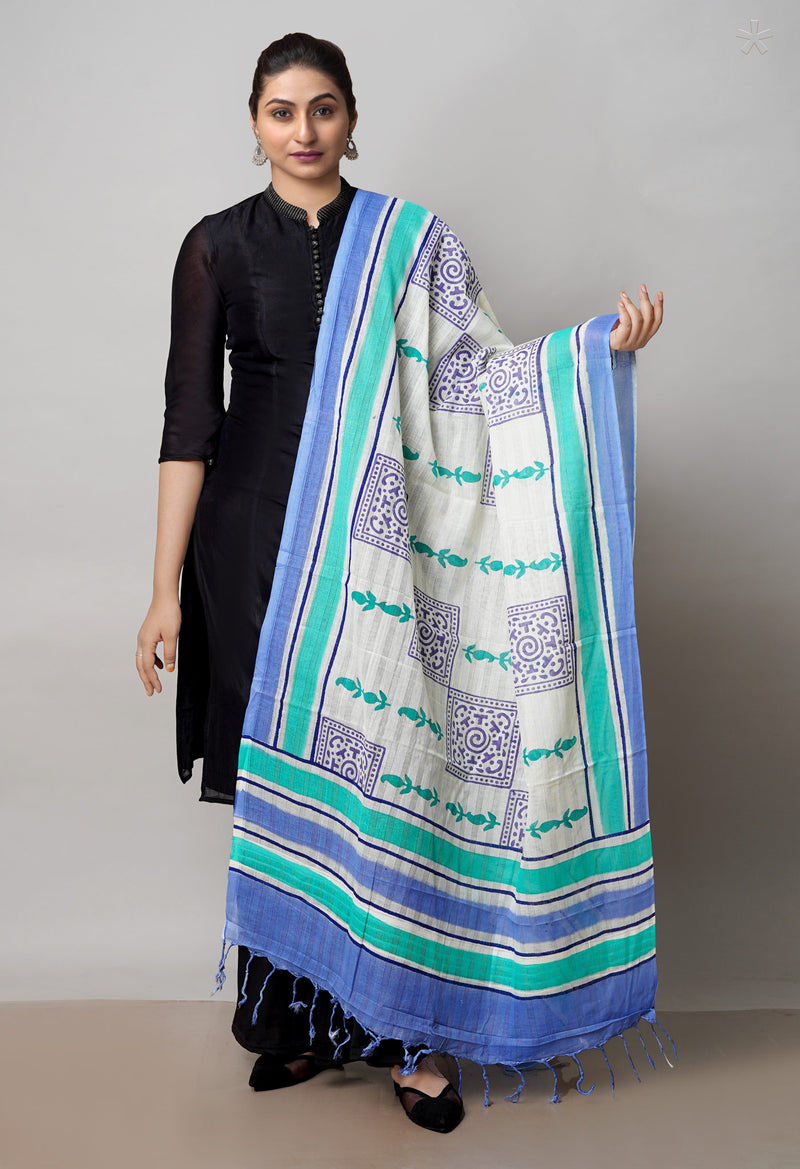 Cream Pure South Hand Block printed Cotton Dupatta–UDS4784