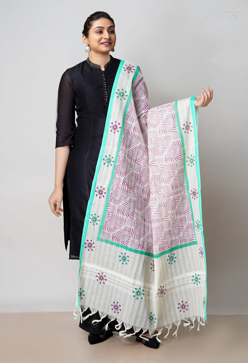 Cream Pure South Hand Block printed Cotton Dupatta–UDS4791