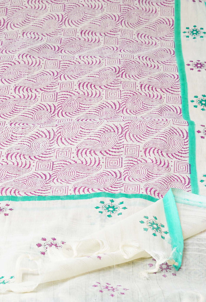 Cream Pure South Hand Block printed Cotton Dupatta–UDS4791