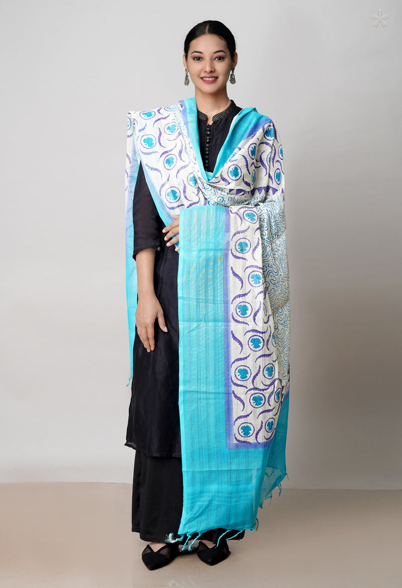 Cream Pure South Hand Block printed Cotton Dupatta–UDS4796
