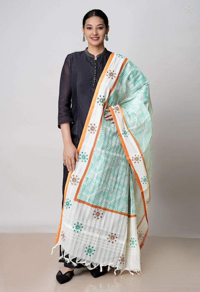 Green Pure South Hand Block printed Cotton Dupatta–UDS4797