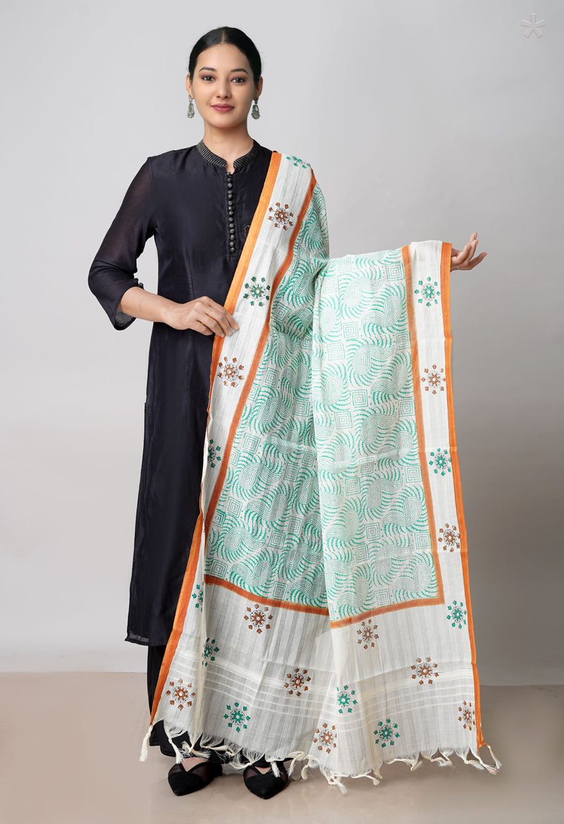 Green Pure South Hand Block printed Cotton Dupatta–UDS4797