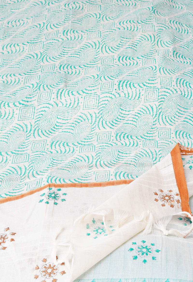 Green Pure South Hand Block printed Cotton Dupatta–UDS4797