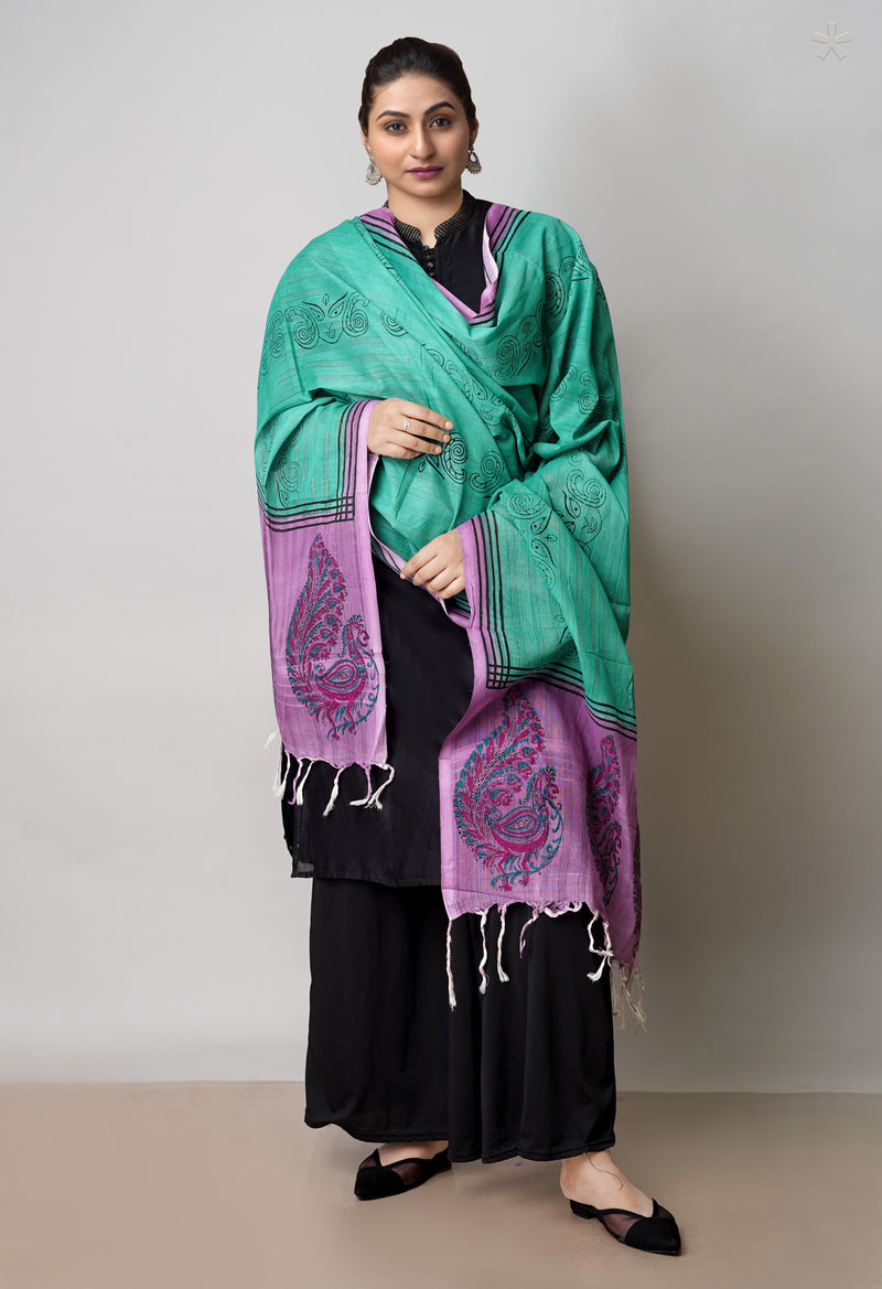 Green Pure South Hand Block printed Cotton Dupatta–UDS4814