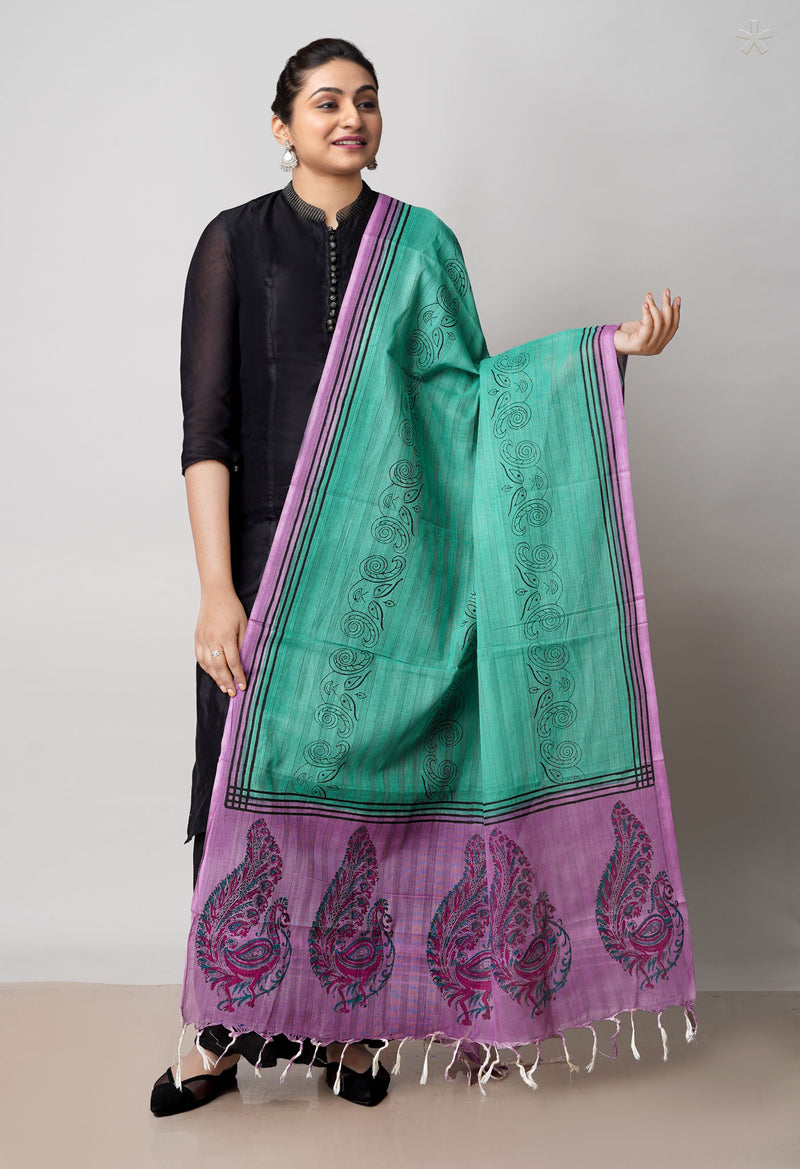 Green Pure South Hand Block printed Cotton Dupatta–UDS4814