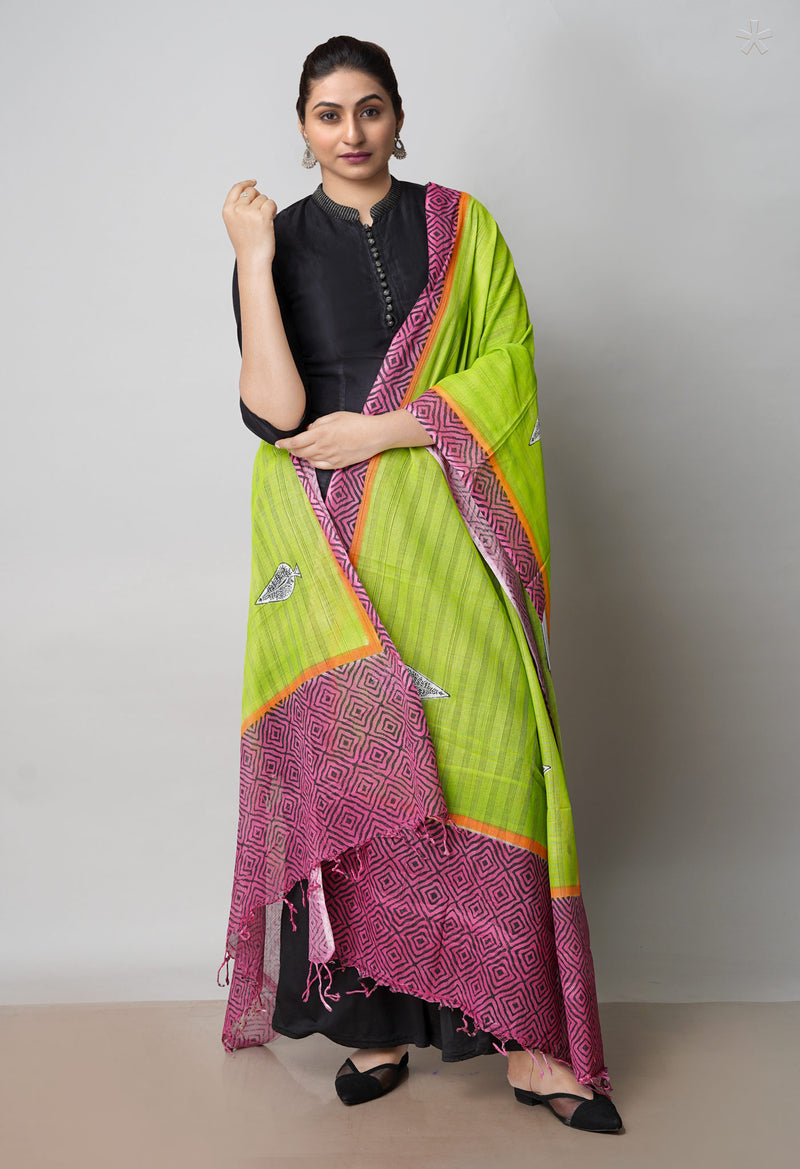 Green Pure South Hand Block printed Cotton Dupatta–UDS4818