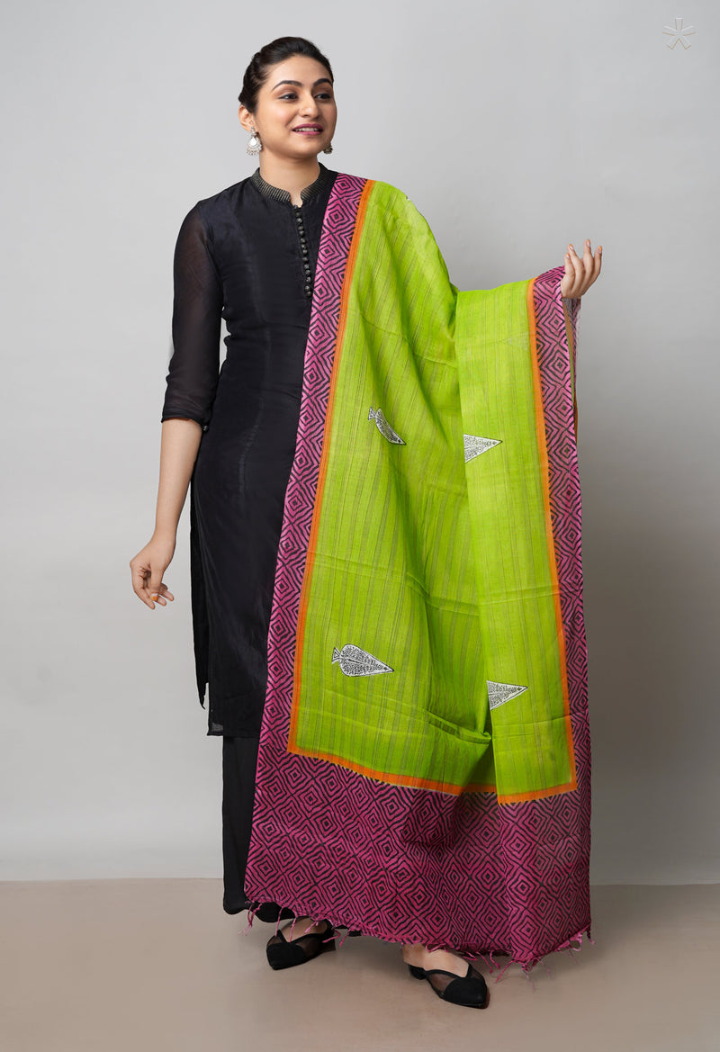Green Pure South Hand Block printed Cotton Dupatta–UDS4818