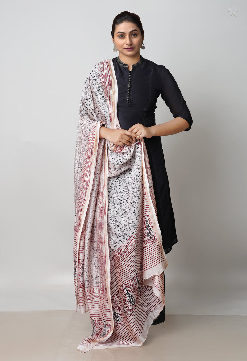 Beige Pure Chanderi Bagh Printed Dupatta–UDS4954