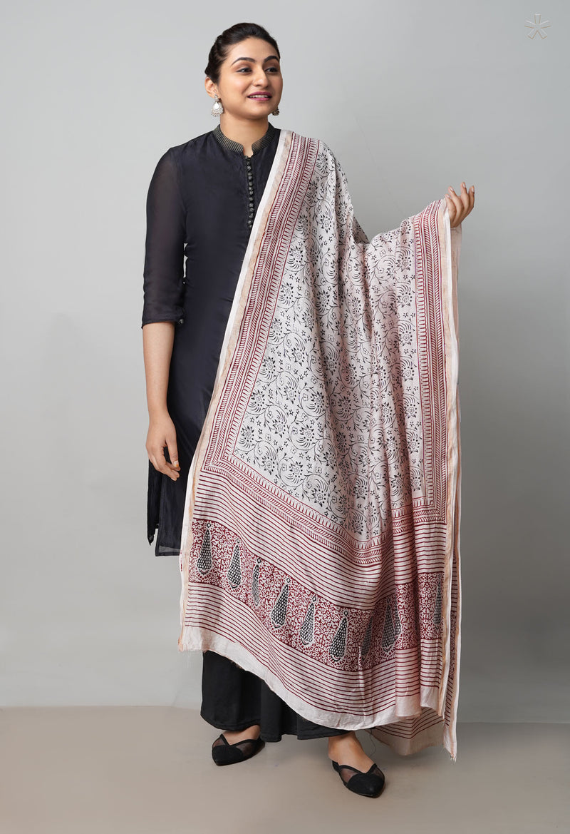 Beige Pure Chanderi Bagh Printed Dupatta–UDS4954