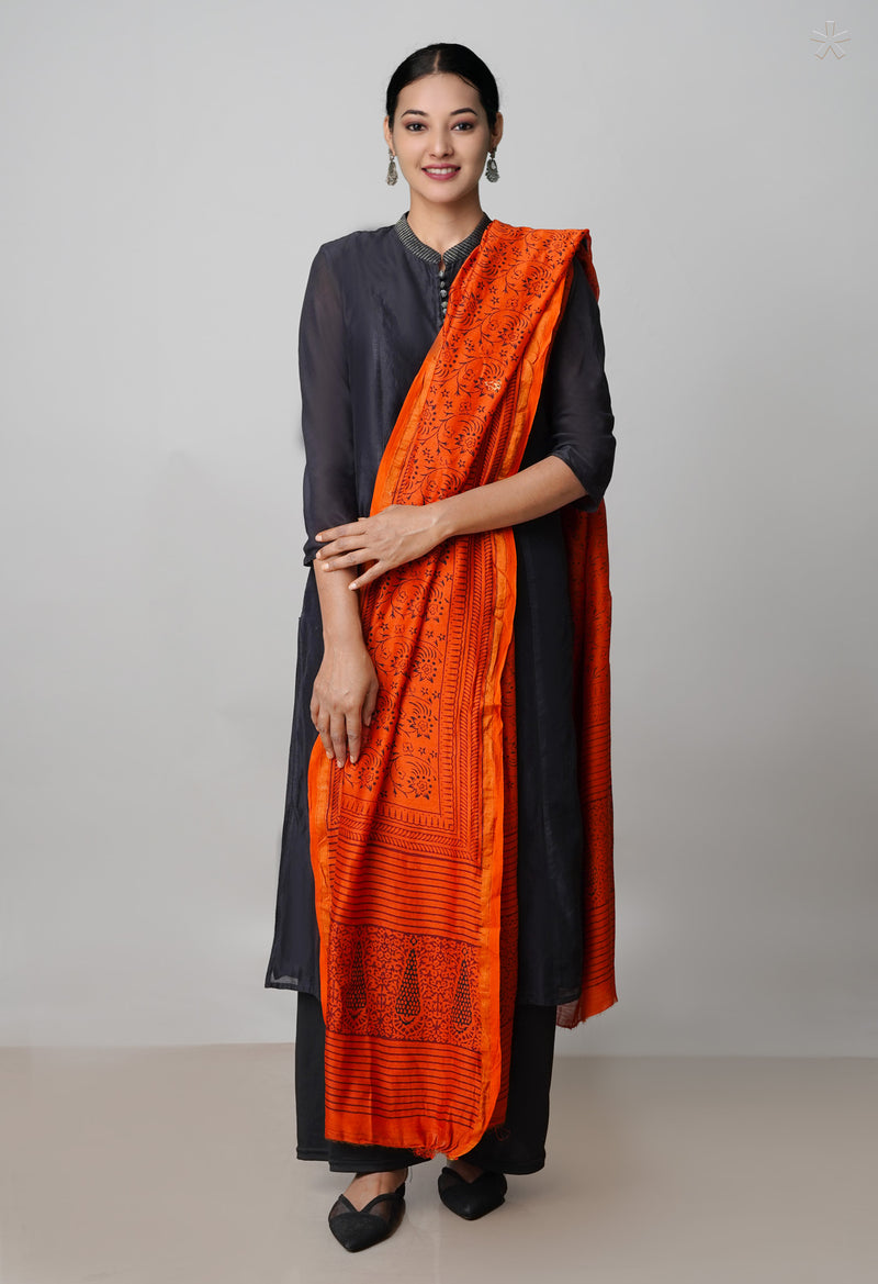 Orange Pure Chanderi Bagh Printed Dupatta–UDS4955