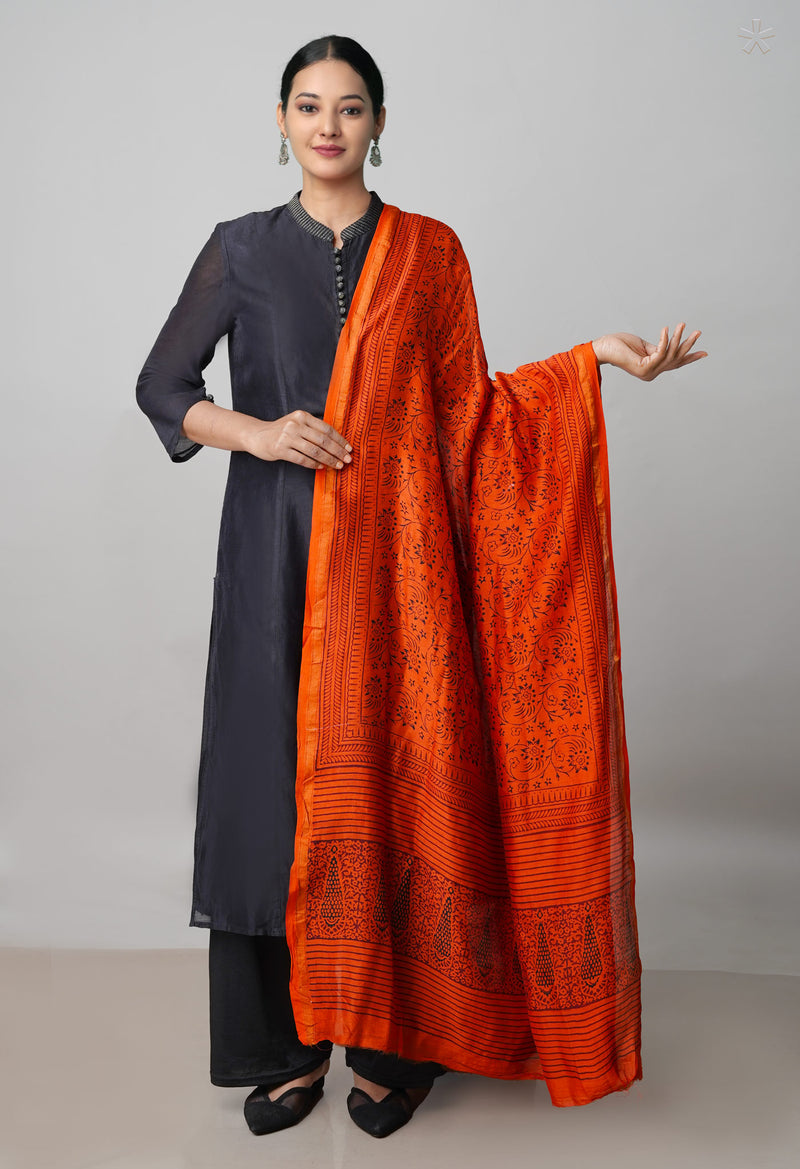 Orange Pure Chanderi Bagh Printed Dupatta–UDS4955